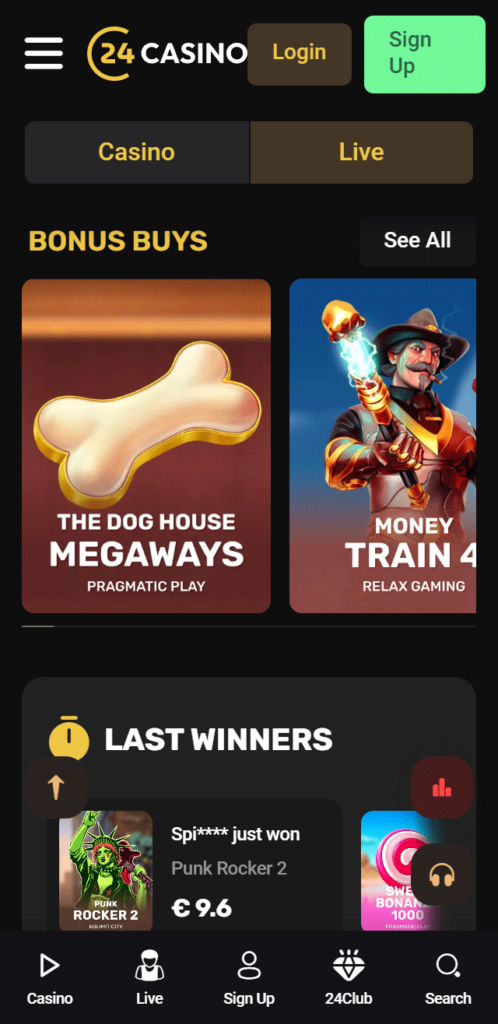 Interface in the mobile app at 24Casino